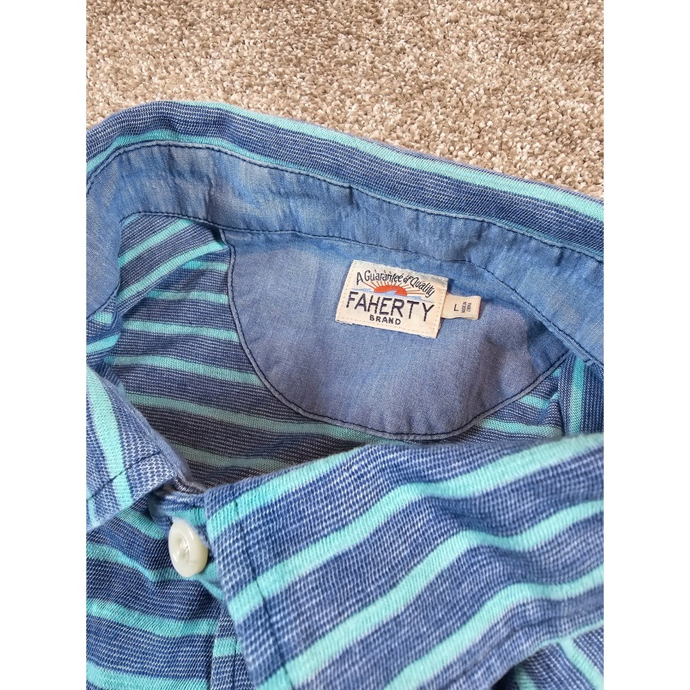 Faherty Brand Mens Large Indigo Dyed Striped Short Sleeve Polo Shirt Blue Green - Picture 8 of 15